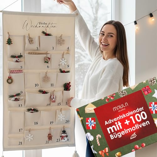 Adventskalender zum Befüllen Stoff – Hochwertiger Kalender 2025 zum Aufhängen aus Baumwolle mit 24 Taschen in verschiedenen Größen – Wiederverwendbarer XXL Kalender für Kinder & Familie