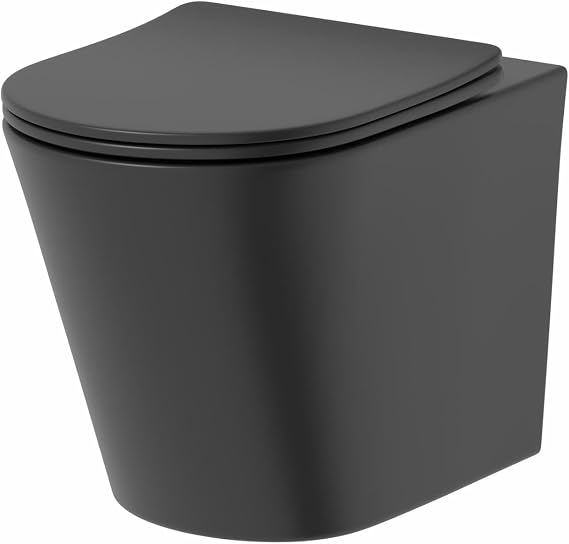 Affine® Modern Bathroom Cloakroom Back to Wall BTW Rimless Toilet Space Saving Small WC Toilets Soft Close Top Fix Seat D Shape Pan Ceramic, Matt Black