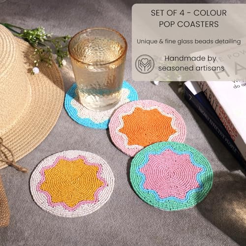 Image of Dreamy Walls Beaded Coaster Set of 4- Multicolor Glass-Bead Drink Coasters, Boho Table Decor for Dining & Gifting