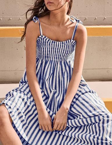 Image of Lentta Women's Striped Smocked Maxi Dress Causal Spaghetti Strap Stretchy Flowy Swing Long Dress with Pockets