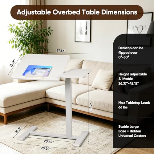 Adjustable Overbed Table with Tilt Board & Wheels, Rolling Bedside Laptop Desk for Hospital Bed Home Office, Height Adjustable Bed Table Tray for Eating Working Reading, 26.18"-42.12" (White) — view 2