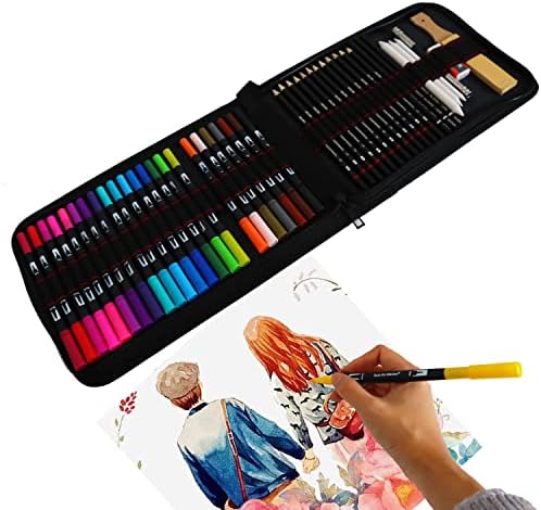 YYZD Dual Tip Brush Pens, Felt Tip Pen Set 24 Colors Colouring Pens+12 Sketching Pencils Fineliners Pen accessories for Children and Adults Colouring,Art Markers, Painting,Sketching Design