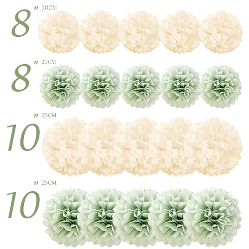 20 PCS Paper Pom Poms, Sage Green Champagne Party Flower Balls, Hanging Tissue Pom Poms for Bridal Shower, Home Decoration, Large Banquet, Birthday Party, Festival Celebration, Graduation Ceremony