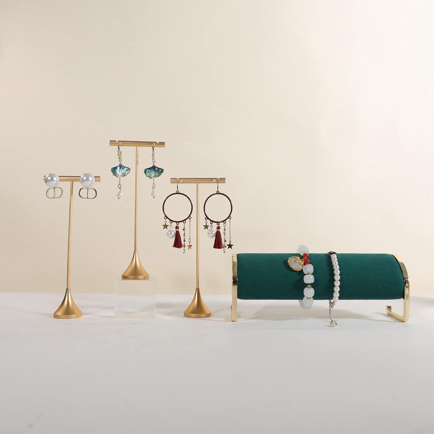 GemeShou Taller 3pcs Metal Gold T Bar Earring Display Stand for Mini Earrings Studs Photography Props, Not for Big Dangly Earrings【Gold-Cone Base 3pcs Height 5.9"】