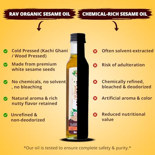 Image of Rav Organics Certified Organic Cold Pressed Sesame Oil- 250ml | Wood Pressed Gingelly Til Oil for Cooking | Til Ka Tel | White Sesame Nallennai | Omega 6 & 9 | Massage Oil for Hair - Body - Skin & Baby Care