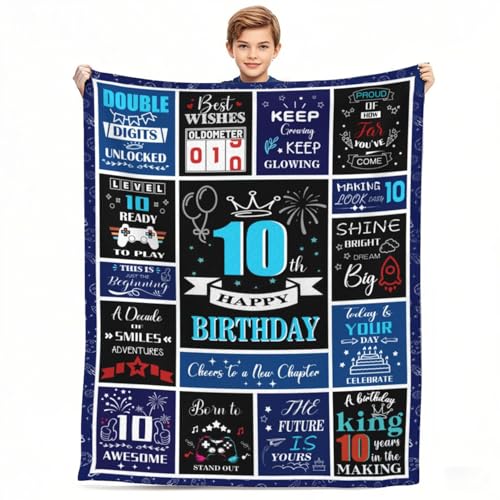 CoFlink 10th Birthday Gifts Blanket for Boys, 60 x 50 Inch 10 Year Old Boy Birthday Gift Ideas Gamer Theme Throw Blanket for 10th Birthday Decorations (Blue-10th)