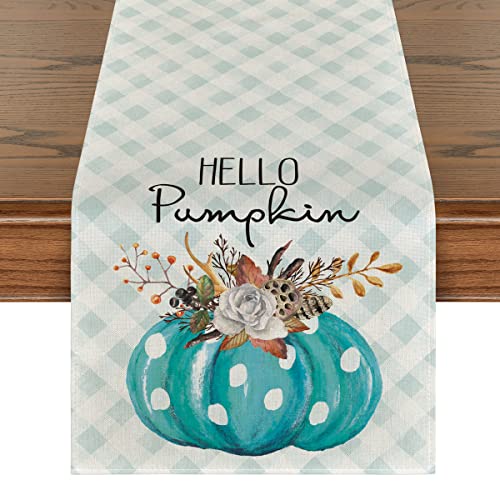 Artoid Mode Hello Pumpkin Polka Dot Watercolor Blue Buffalo Plaid Thanksgiving Table Runner, Seasonal Fall Harvest Kitchen Dining Table Decoration For Indoor Outdoor Home Party Decor 13 X 72 Inch #TOP20