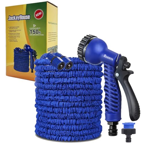 Jackeyhouse 100FT / 150FT / 200FT Magic Stretch Flexible Expandable 3 x Expanding Garden Hose Pipe Natural Triple Layer Light Weight Non Kink with 7 Setting Professional Water Spray Nozzle (150 Feet)