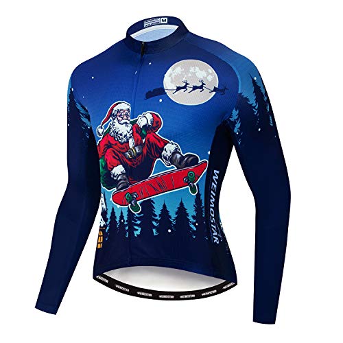 Weimostar Cycling Jersey Men's Long Sleeve Winter Fleece MTB Road Bike Shirt Top Autumn Spring Reflective Full Zip Bicycle Clothing Pockets Santa Claus Size L