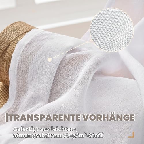 MRTREES Gardinen mit Kräuselband Stores Gardinen Weiß kurz transparent 137X140cm (HXB) Schlaufenschals 2er Set Vorhänge in Leinenoptik für… – Ansicht 5