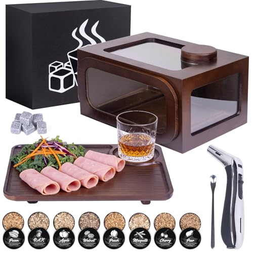 Whiskey Smoker Kit Cocktail Smoker Kit with Torch Includes Food Tray 6 Whiskey Stones and 8 Differnet Wood Chips Old Fashioned Bourbon Smoker Kit Whiskey Gifts for Men(No Butane)