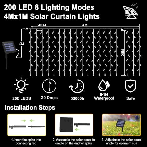 CCILAND Solar Curtain Lights Outdoor 4M x 1M 200 LED Curtain Lights Green Wire Waterproof Curtain String Lights for Garden Patio Gazebo Fence Wedding Party Decoration - Warm White - Image 5