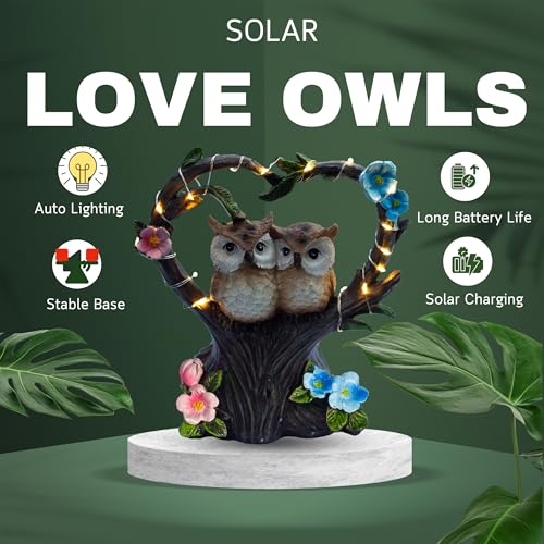 Solar Owl Statue for Outdoor Garden, Patio, or Indoor Decor – Heart-Shaped Tree with Love Owl Pair 7x7 inch — photo — 2 of 9