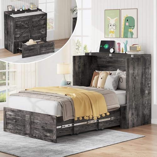 AMERLIFE Twin Murphy Bed Cabinet with Charging Station and Storage Drawer, Farmhouse Foldable Platform Bed for Home Office, Apartment, Small Spaces, Black Oak