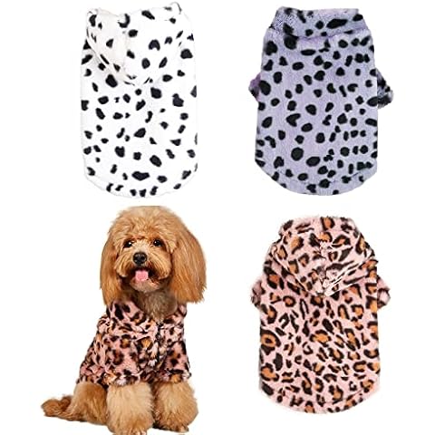 Moorfowl 3 Pack Leopard Print Dog Plush Sweaters for Small Dogs Fleece Hoodies Puppy Kitten Jacket Winter Cold Weather Coat for Chihuahua Yorkie(Purple & Pink & White) (Small(Back 9.8",Chest 15.7")) Cover