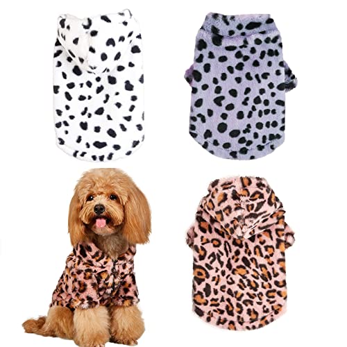 Moorfowl 3 Pack Leopard Print Dog Plush Sweaters For Small Dogs Fleece Hoodies Puppy Kitten Jacket Winter Cold Weather Coat For Chihuahua Yorkie(Purple & Pink & White) (X-Small(Back 7.9",Chest 13.7")) #TOP24
