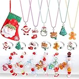 18pcs Juego de Joyas Navideñas para Niñas, Collar Anillos Pulseras Navidad Collar de Colgantes Navideños con Papá Noel, Árbol de Navidad Hombre de Jengibre Regalos para Calcetín Navideño para Niños