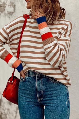 Women's Brown Stripe Colorblock Bishop Sleeve Turtleneck Sweater2