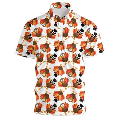 Camisa polo masculina com estampado divertido de peru - T-shirt de manga curta com estampado integral para Ação de Graças | Cabedal divertido para a celebração de Ação de Graças, Estilo_c01 laranja