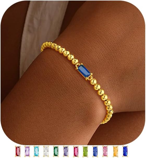 Yoosteel Dainty Birthstone Bracelet for Women – Elastic 14K-Gold-Plated Bead Bracelets Trendy Friendship Birthday Jewelry Gifts for Women