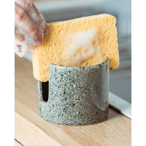 Kitchen Sponge Holder, Ceramic Dish Sponge Holder Scrubby Daddy Farmhouse Dish Rack Brush Holder for Bathroom, Kitchen, Sink, Special Gray Special Gray Cylindrical