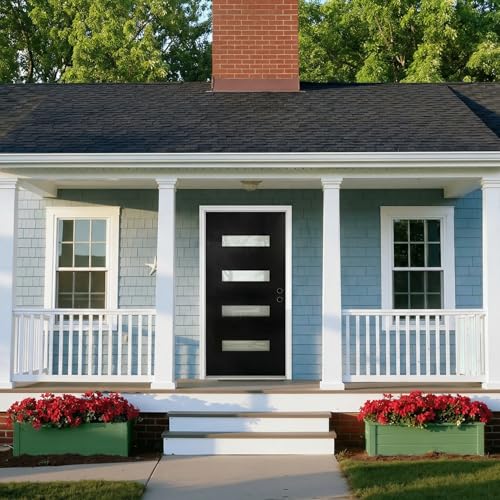 Image of Casaphoria 36 inch x 80 inch Fiberglass Entry Door Without Door Frame,Left Hand Inswing Exterior Door with Brickmould,Contemporary Wooden Grain Knock-Down Front Door for Home Entrance, Black Door Slab Only