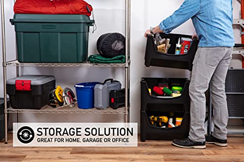 Mighty Tuff Jumbo Stackable Storage Bins, Pack of 3, Easy-Access Storage, Large Easy-To-Grip Handles, Wide Front Opening, Interlocking, Stack Vertically, Black - Image 4