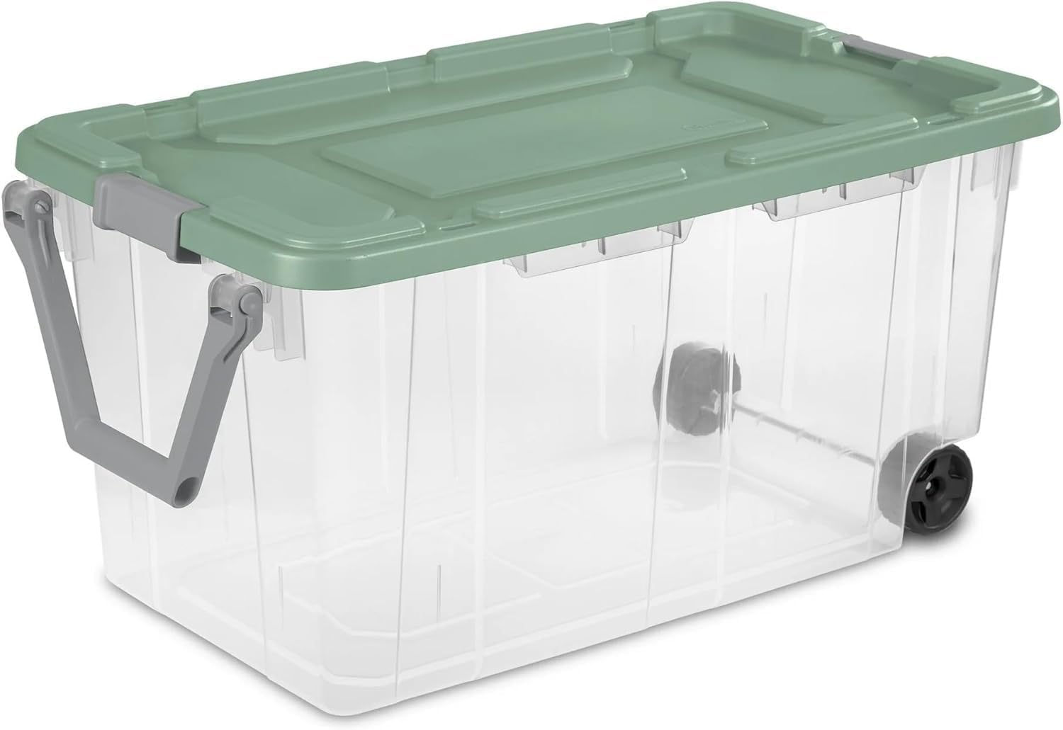 Storage Bin 40 Gallon Plastic Rolling Stacker Storage Box Wheeled Industrial Tote 160 Qt, Tough Lidded Stackable Storage Container Clear Base & Green Sage Lid 2-pack