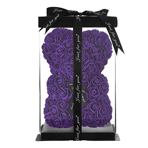 Rose Bear Rose Teddy Bear Best Gift for Valentines Day, Anniversary, Birthdays & Bridal Showers Fully Assembled 10 inch Flower Bear- w/Clear Gift Box (Purple)