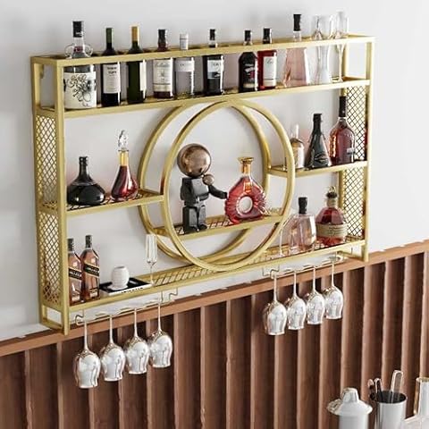 Wine Rack Wall Mounted with Wine Glass Rack Floating Bar Shelves for Liquor Bottles with LED Light Liquor Bottle Display Shelf Wall Bar Cabinet Mini Bar for Home Bar Dining Room Kitchen Living Room(Go Cover
