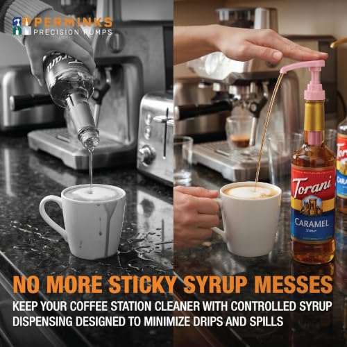 Image of Syrup Pump, Compatible with 750ml Torani, Davinci & Skinny, 6-Pack, Pink | Leak-free, 1 /4oz precision pump with locking nozzle. Great for coffee bar accessories, dirty soda stations & dessert sauces