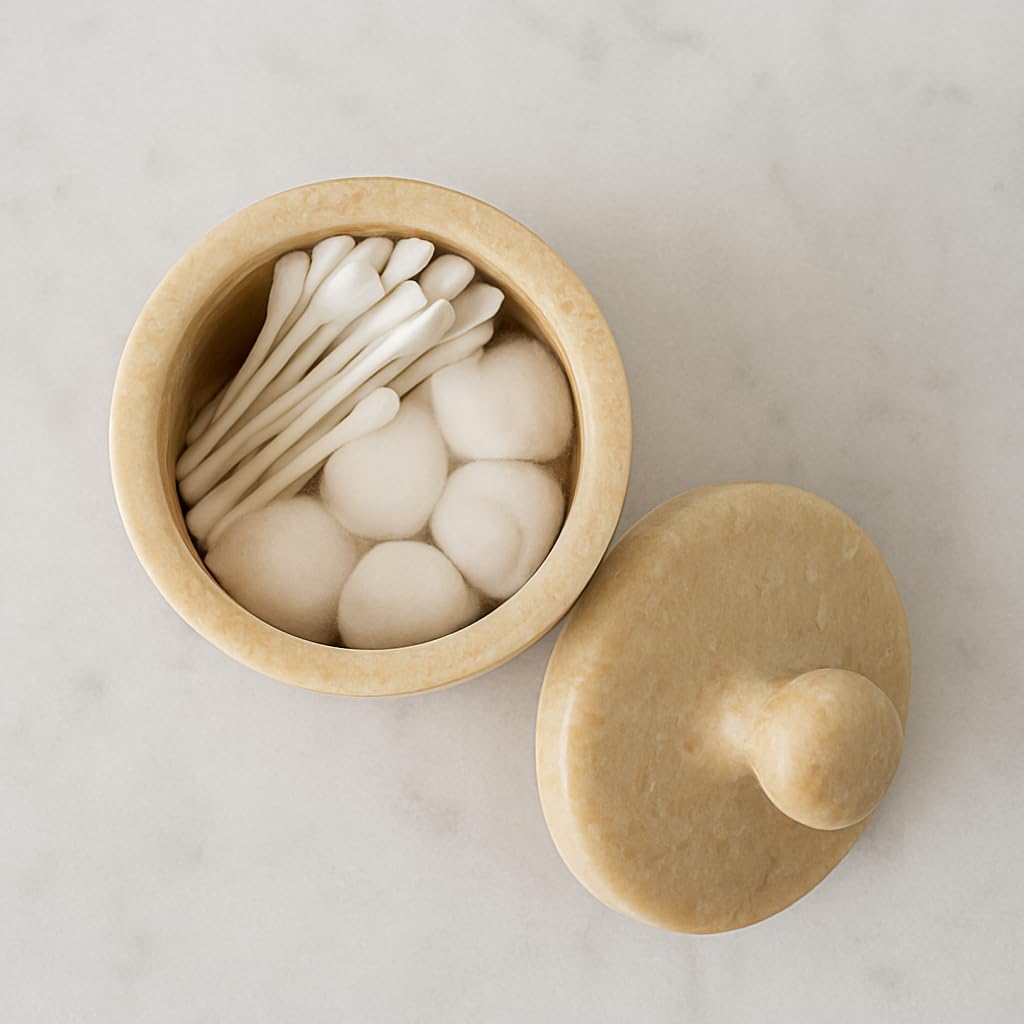 Creative Home Natural Champagne Marble Notch Collection Cotton Ball, Swab Holder Bathroom Storage Jar Container Organizer, 3.5" Diam. x 3.8" H, Beige