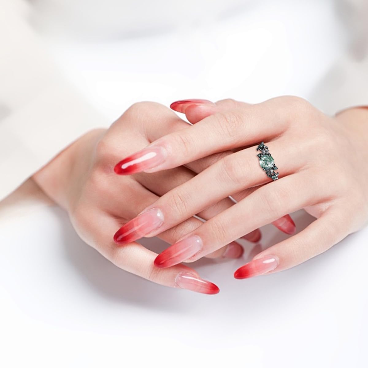 Natural Moss Agate Ring 925 Sterling Silver Moss Agate Engagement Ring Set Promise Wedding Ring Jewelry Gift for Women