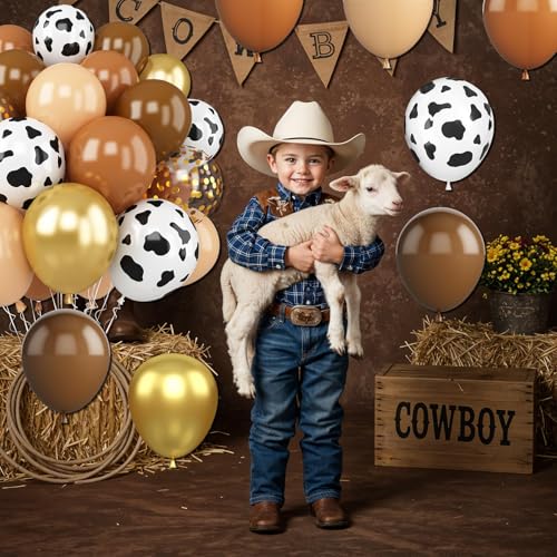 Image of Western Cowboy Balloons, 30Pcs 12inch Brown Nude Gold Confetti Balloon With Cow Print Latex Sky Cloud Balloons for Farmhouse Cowboy Western Baby Shower Boys Girls Birthday Party Decorations