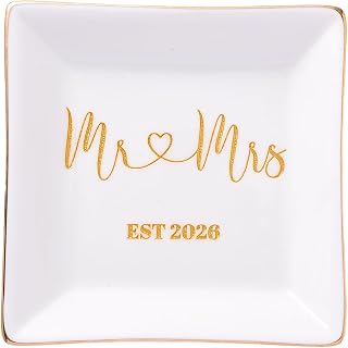 Wedding Gifts for Couples Mr & Mrs EST 2026 Jewelry Tray, Elegant Keepsake Gift for Couples, Gifts for Bridal Shower Engagement Bride and Groom Anniversary Ceramic Valet Tray for Jewelry Storage