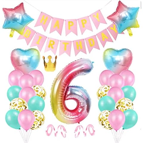 Birthday Pink Decoration 6 Years, Nytlivet Birthday Decoration 6 Years Girl, Giant Foil Balloon 6 Pink, Decoration 6 Birthday Girl, Colourful Foil Number Balloons 6, Banner and Ribbons (6) Cover