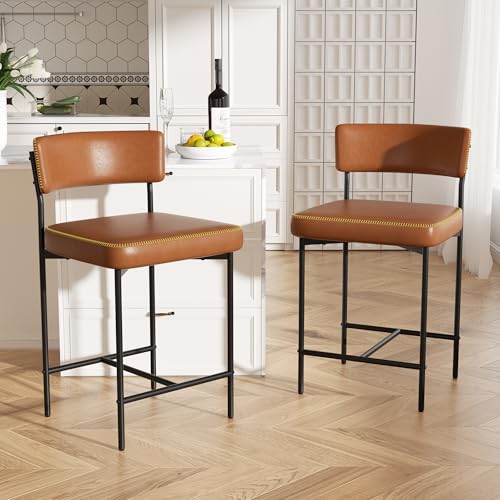 Image of Bar Stools Set of 2, Faux Leather Counter Height Barstools with Curved Back, 25 Inch Upholstered Bar Chairs, Modern Counter Stools for Kitchen lsland, Caramel