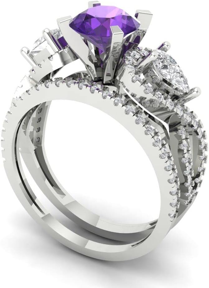 Clara Pucci 14K White Gold Wedding Band Set for Women - Amethyst Wedding Ring & Simulated Diamond Wedding Band (1.925 cttw, Round Cut)