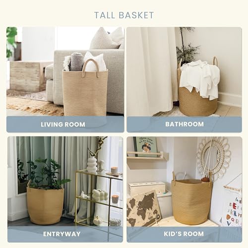 Image of OrganiHaus Tall Cotton Rope Laundry Basket & Hamper, Blanket Storage 52L | Full Honey - Tall Cotton Rope Hamper, 52L