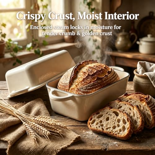 5 Quart Enameled Cast Iron Bread Pan with Lid, Dutch Oven for Sourdough Bread Baking, Large 12.6" Loaf Pan for Homemade Artisan Bread, Oven Safe for Crispy Crust & Fluffy Interior (Cream White) by QuliMetal - Used condition - Image 3