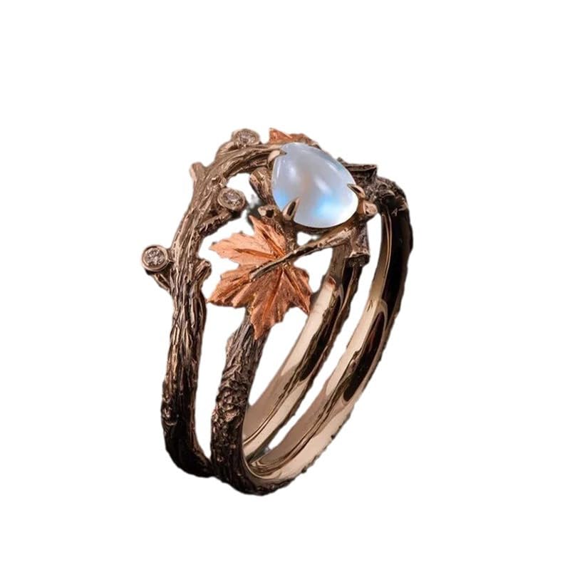 LISHANTI Antique Gold Maple Leaf Moonstone Ring Vintage Twig Design for Women Teardrop Crystal Stone