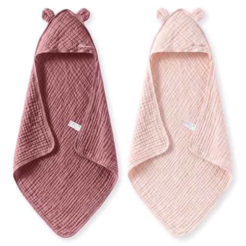 Image of Momcozy 6-Layer Muslin Cotton Baby Towels with Hood, 32x32 Inch, Pink | 6-Layer 100% Cotton Muslin Hooded Baby Towel Set for Newborn, Infant & Toddler, Soft Absorbent Baby Bath Essentials