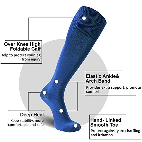 Footplus Blue Baseball Socks Men, Unisex Over Knee High Solid Sports Athletic Team Volleyball Softball Soccer Socks For Men 12-15,2 Pairs Blue,X-Large #TOP3