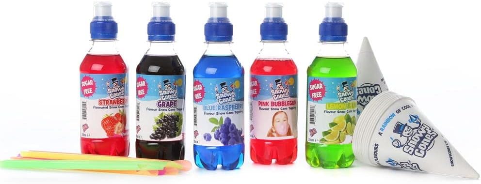 Snowycones Snow Cone Syrup " Sugar Free" Flavour Syrup 5 x 250ml Strawberry, Grape, Blue Raspberry, Pink Bublegum and Lemon & Lime
