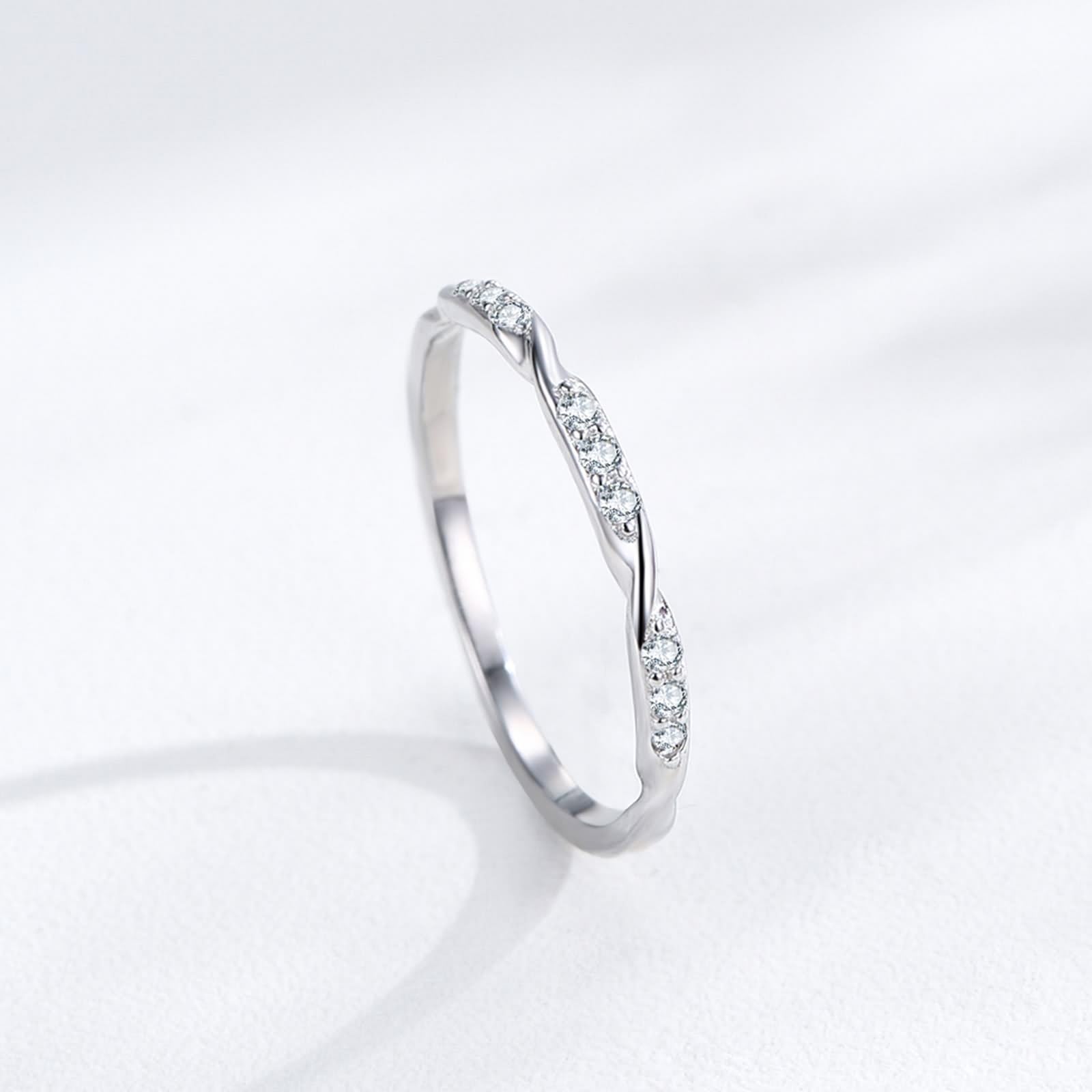Joyas Anillos Mujer Anillos Mujeres Pequeños Dedos Clásicos Diseño Trenzado con Diamantes Redondos Oro Blanco 14K Talla 54 (17.2)