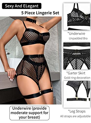 Dewinya Womens 5Pc Fishnet Lingerie Sets - Choker, Underwire Bra, Hight Waisted Garter Skirt, Thong, Leg Straps, Black, Medium - Image 3