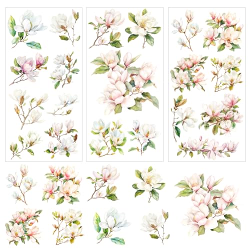 BEUNITONE 3 hojas de transferencias florales para muebles, 6 x 12 pulgadas, para frotar en flores vintage, impermeables, retro, acuarela, magnolia, calcomanías de transferencia para madera, vidrio