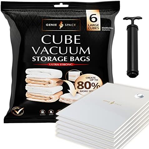 GENIE SPACE Storage Vacuum Bags - Pack of 5, Extra Large | Strong Space Saving Cube, 100x80x38cm | Premium Airtight & Reusable Vacuum Bags for Clothes, Towels, Bedding & Pillows | With Travel Pump