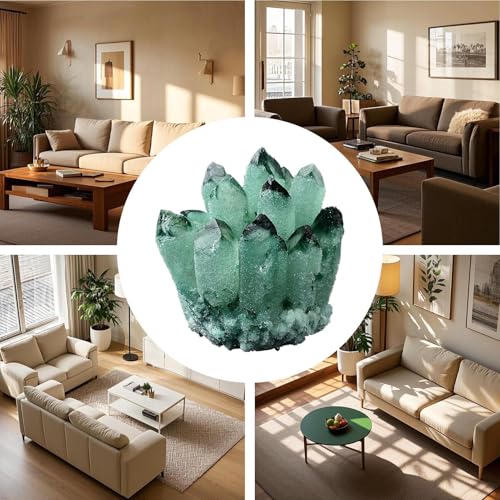 Exhibición de muestras minerales en bruto con racimo de cuarzo verde natural 6