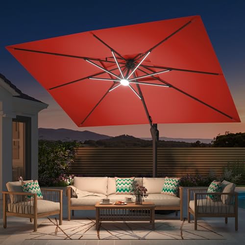 Image of 9' X 12' Patio Umbrella with Weighted Base and LED Lights Outdoor Cantilever Large Rectangle Offset Umbrellas Heavy Duty Aluminum Double Top with 360-degree Rotation for Pool Garden Deck, Red